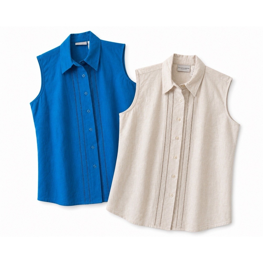 Jaclyn Smith Classic Womens Linen Blend Sleeveless Blouse‎ Lot 2 Blue Beige Sz L